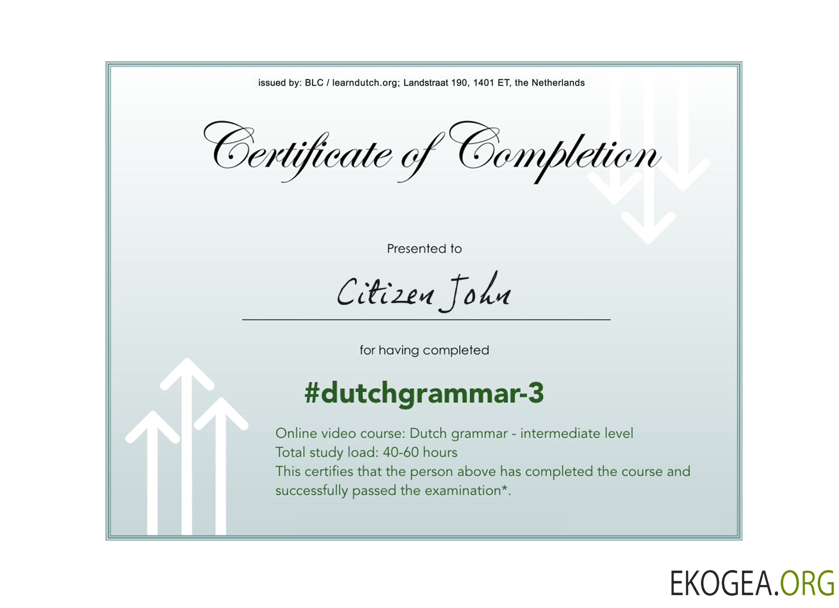 Exemple PSD de certificat d'achèvement de grammaire de la langue néerlandaise, entièrement modifiable